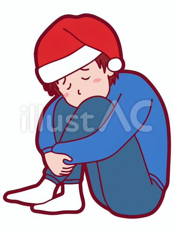 膝を抱える男性（クリスマス）の無料イラスト素材