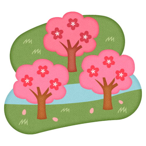 川縁に咲く桜並木の無料イラスト１