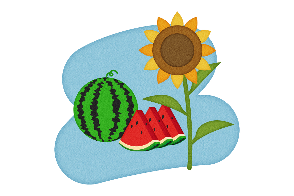 夏・ひまわりとスイカの無料イラスト１
