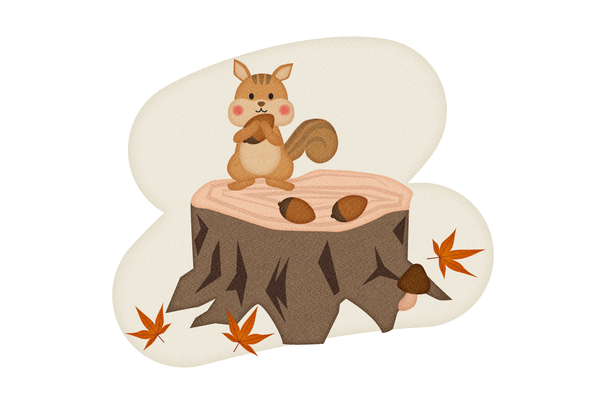切り株に座るかわいいリスとどんぐりの無料イラスト１